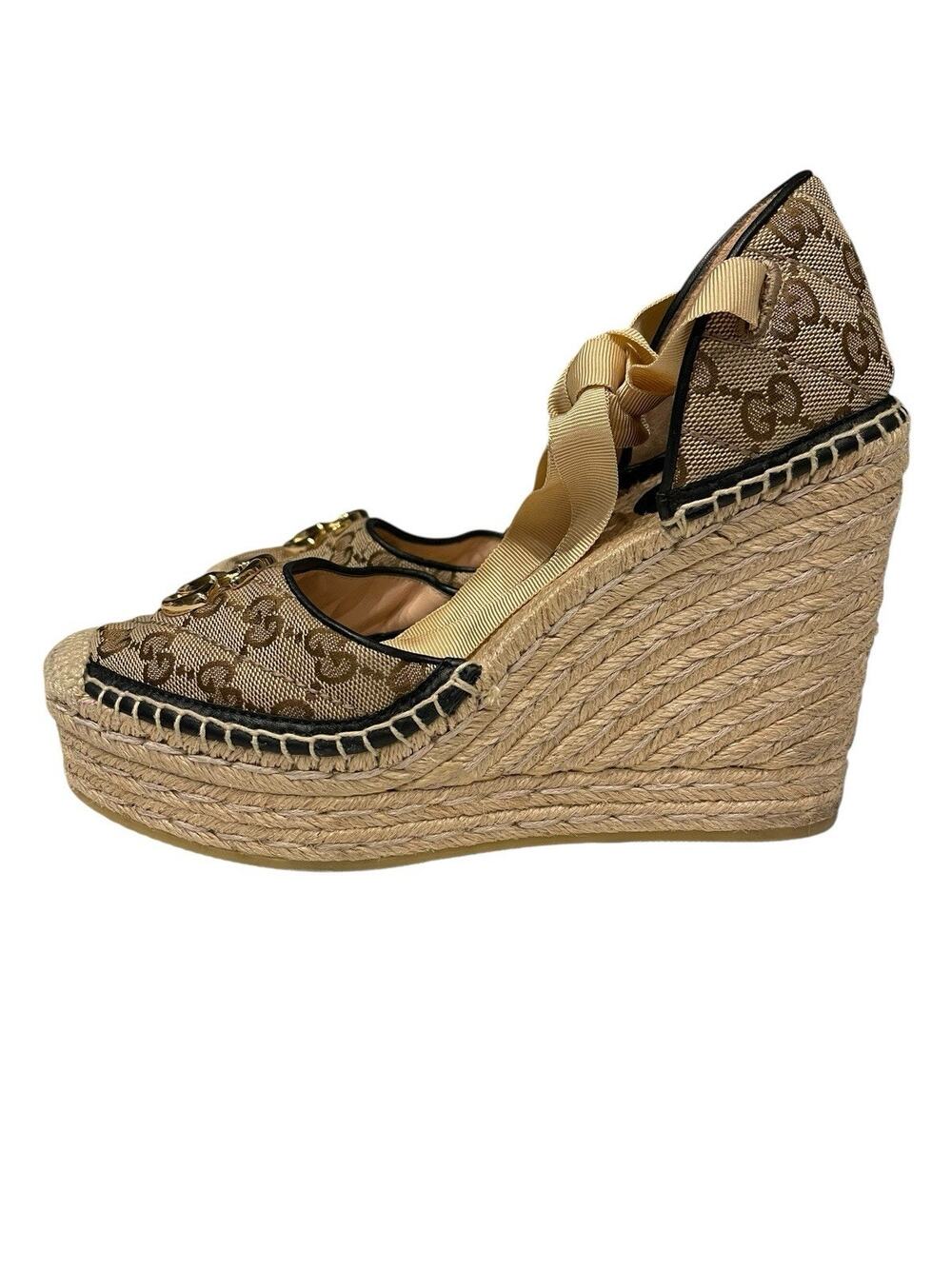 Gucci Women's GG Marmont Wedge Espadrilles Diagonal Quilted GG Canvas 39